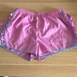 Simply Southern Pink Athletic Ruffle Shorts with Gray Trim